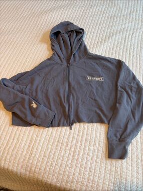 PLAYBOY Cropped Zip Hoodie in Charcoal Gray